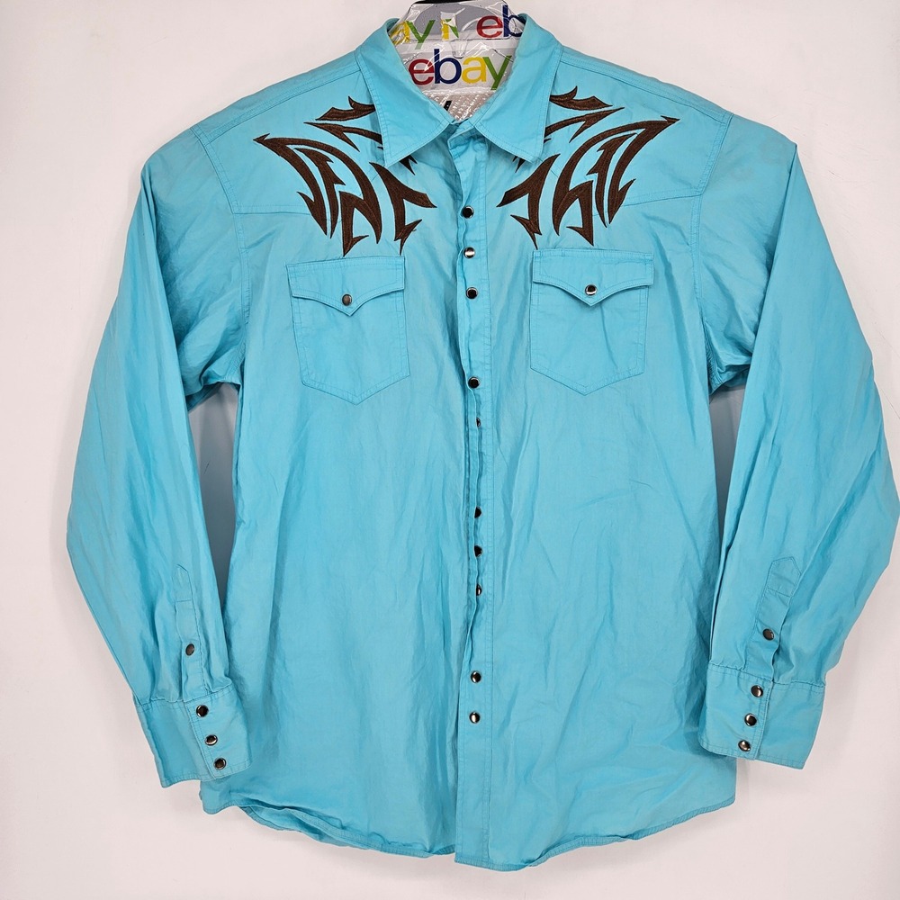 Roper Shirt Mens 2XL Metal Snap Western Embroidered Long Sleeve Rodeo Light Blue